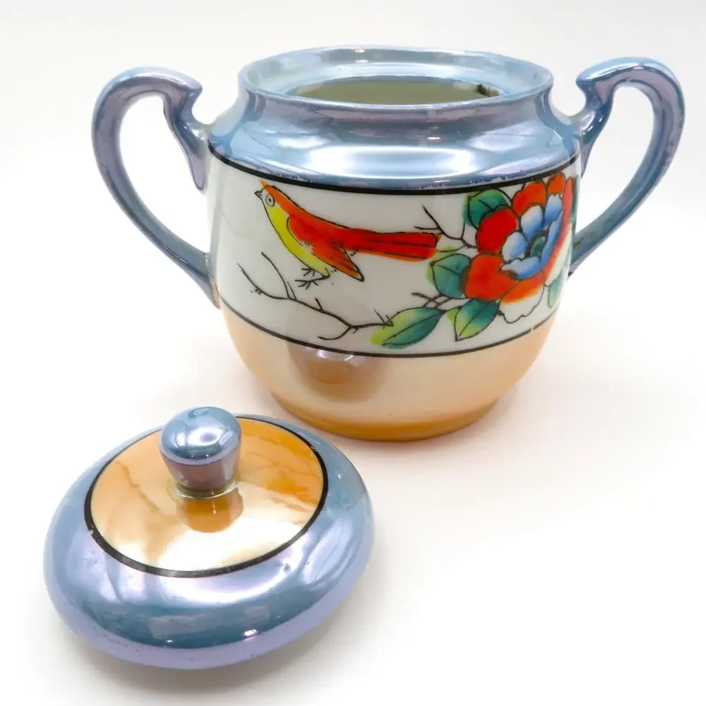 Antique Nippon Japan Cream and Lidded Sugar Set Floral and Bird Luster Finish